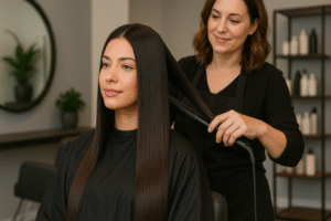 lissage indien dans un salon de coiffure